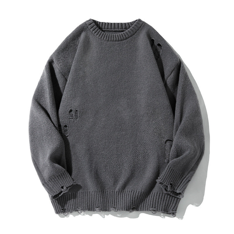 Retro Hollow-out Ripped Design Round Neck Sweater Buy Center