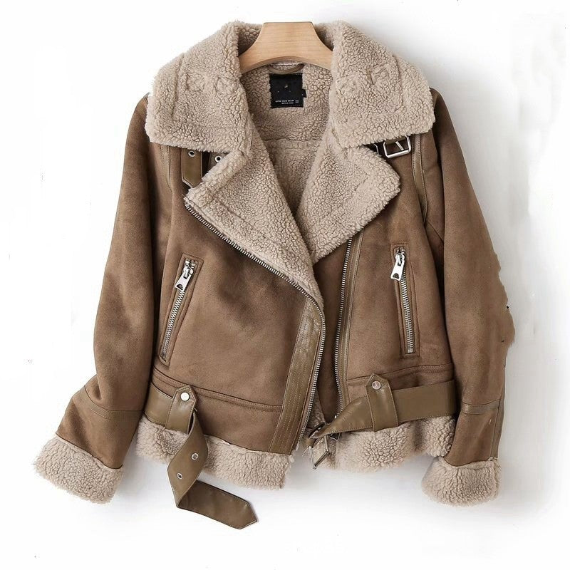 Lamb Wool Warm Coat Motorcycle Clothing Women Khaki