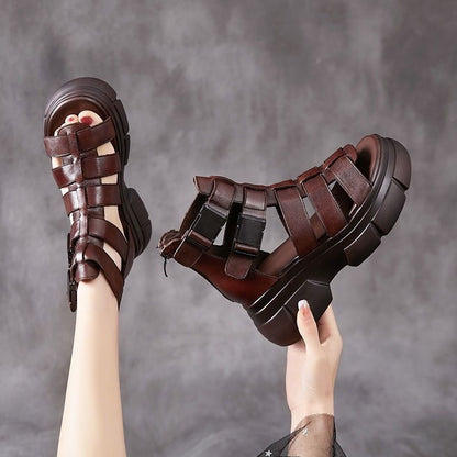 New Female Leather Hollow-out Platform Retro Stylish Women's Sandals