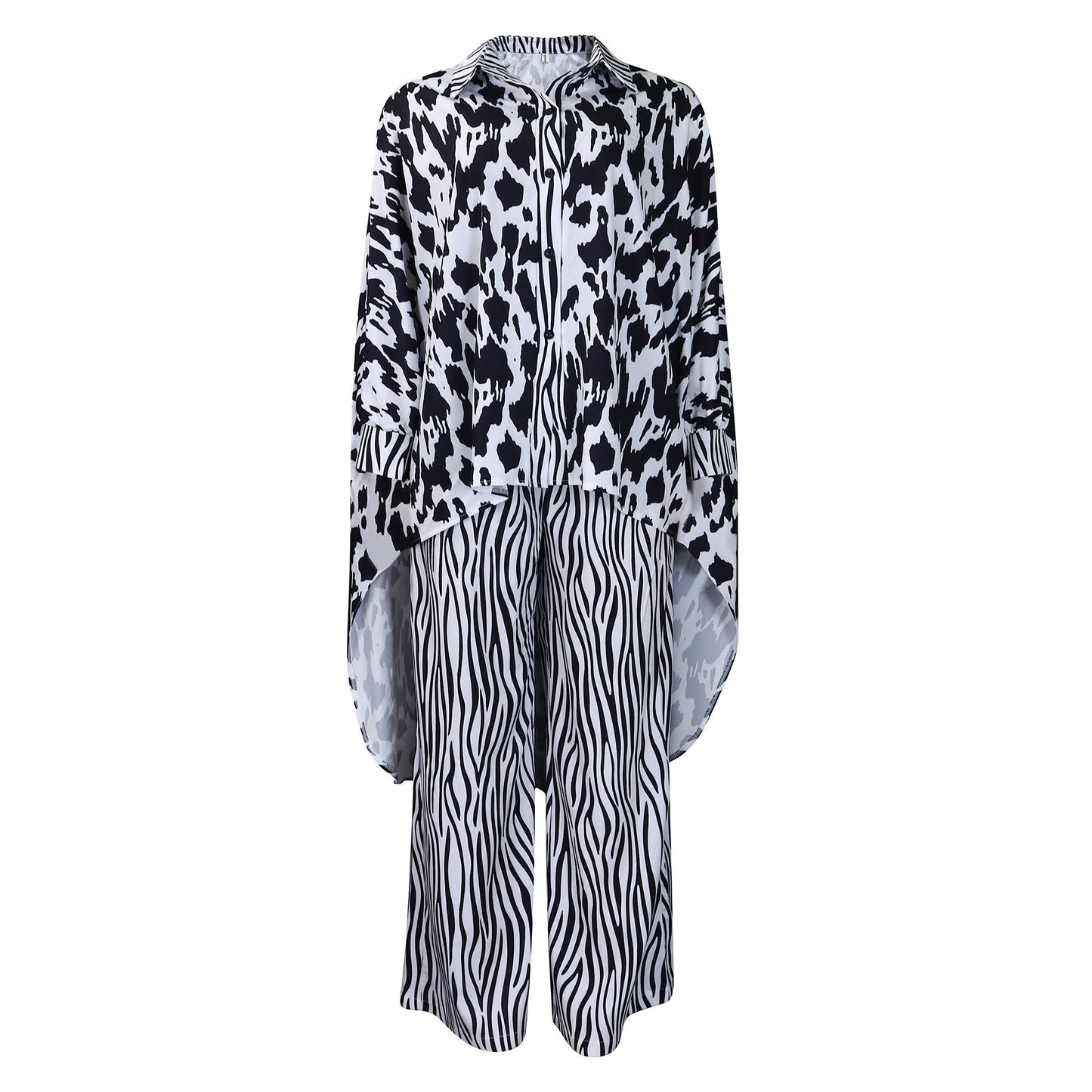 Buy Center Top Rated-Printed Style Shirt Wide Leg Pants Two-piece Set African Suit Black And White