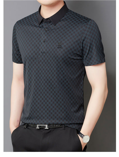 Newly Released at Buy Center: Men's Lapel Plaid Printed Seamless High Elasticity Ice Silk Short Sleeve