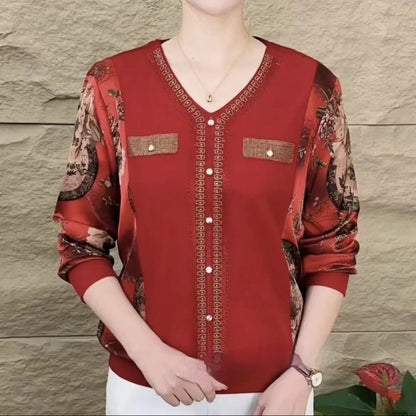 Women's Long-sleeved T-shirt V-neck Rhinestone Mom Wear Loose Belly-covering Slimming Top Buy Center