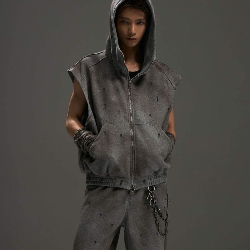 Just Arrived at Buy Center: Washed Tie-dyed Profile Hooded Vest Casual Suit Dirty rust shirt