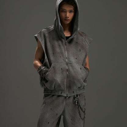 Just Arrived at Buy Center: Washed Tie-dyed Profile Hooded Vest Casual Suit Dirty rust shirt