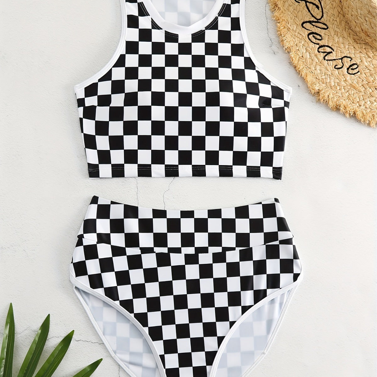 Just Arrived at Buy Center: Racing One-piece Swimsuit With Suspender And Backless Sporty Style Checkerboard