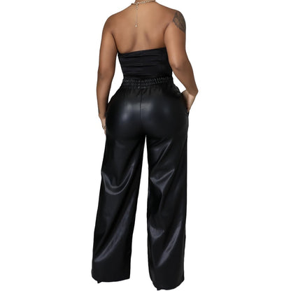 Solid Color Loose Wide Leg Pocket PU Leather Pants Buy Center