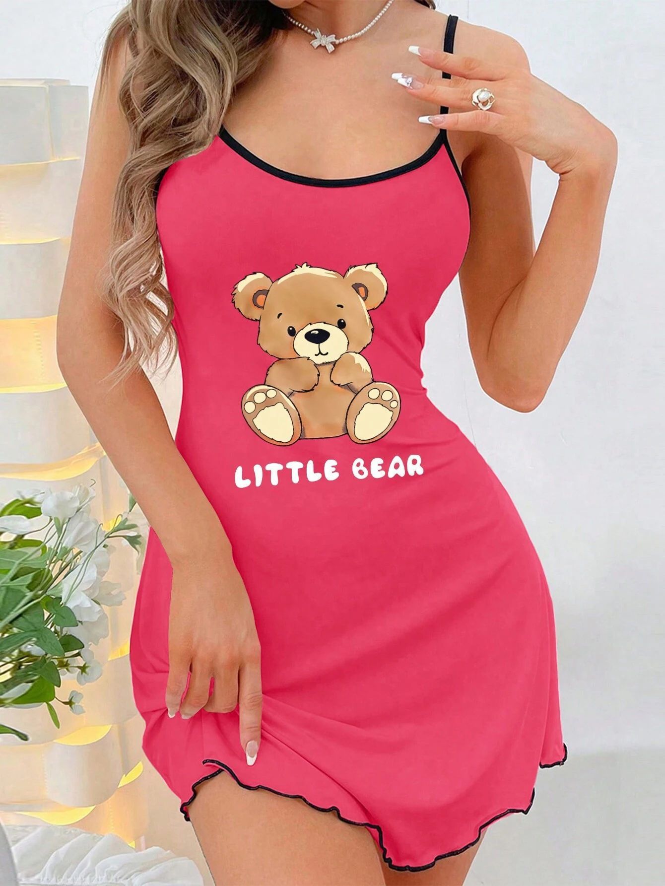 Newly Released at Buy Center: Women's Printed Nightdress With Suspenders 8 Bear Pink