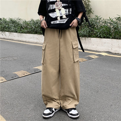 Japanese-style Retro Pants Men's Solid Color Wide Leg Washed Cotton Overalls Straight Loose Casual Trousers Khaki