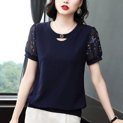 Women's Short-sleeved Chiffon Shirt Summer Korean Style Loose Sapphire Blue