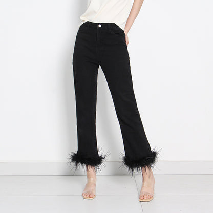 Simple Cropped Fashion Trousers Ostrich Feather Stitching Design For Women | Women's Clothing-Bottoms-Wide Leg Pants | Buy Center