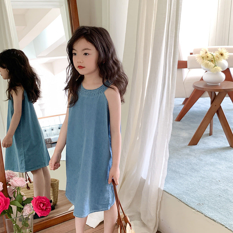 Fresh Arrivals at Buy Center: Medium And Large Girls Halter Denim Skirt Fashionable Sleeveless Blue