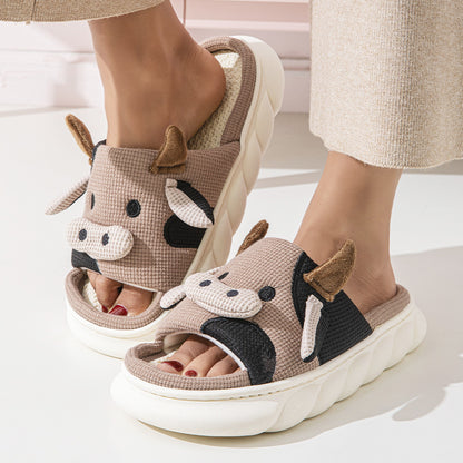 Buy Center Top Rated-Cute Cow Linen Shit Feeling Interior Non-slip Deodorant Outer Wear Platform Slippers Brown