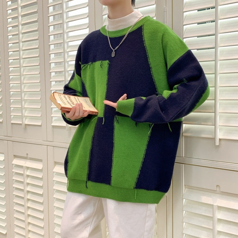 Personality Contrast Color Stitching Casual Sweater