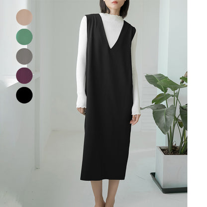 Autumn And Winter Sleeveless V-neck Overknee Long Dress Solid Color