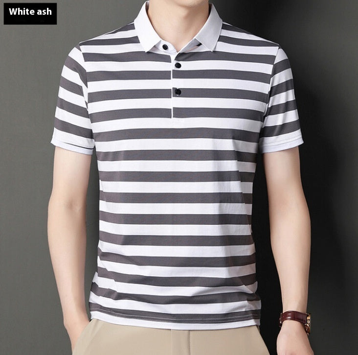 Summer Short-sleeved T-shirt Men's Cotton Ice Silk Polo Collar Stripes Youth Undershirt Buy Center