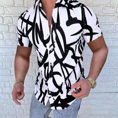 European And American Style Men's Clothing Lapel Print Casual Loose Short Sleeves Shirt