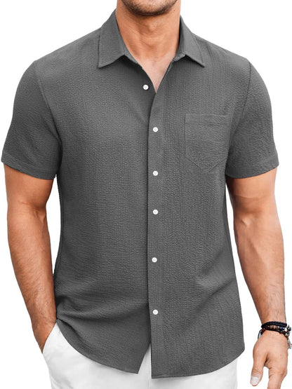 Just Arrived at Buy Center: Men's Summer Solid Color Bubble Wrinkle Simple And Comfortable Daily Short Sleeve Shirt Gray