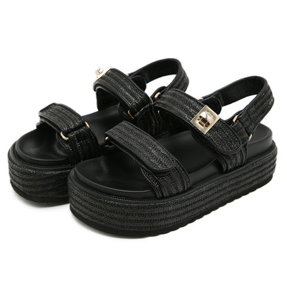 Hot New Items at Buy Center: Women's Summer Open Toed Woven Hollowed Flat Sandals Black