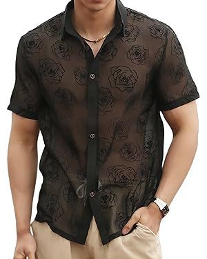 Camisa de manga corta con botones transparentes de malla con flores rosas para hombre