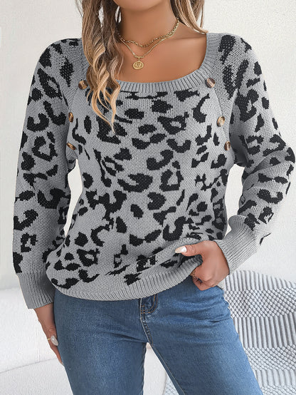 Casual Square Collar Button Contrast Color Leopard Print Long Sleeve Sweater Buy Center