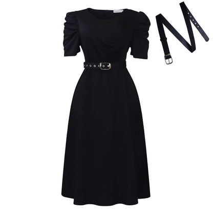 Buy Center Handpicked- Fashionable Temperament Elegant V-neck Pleated Swing Dress Black Belt