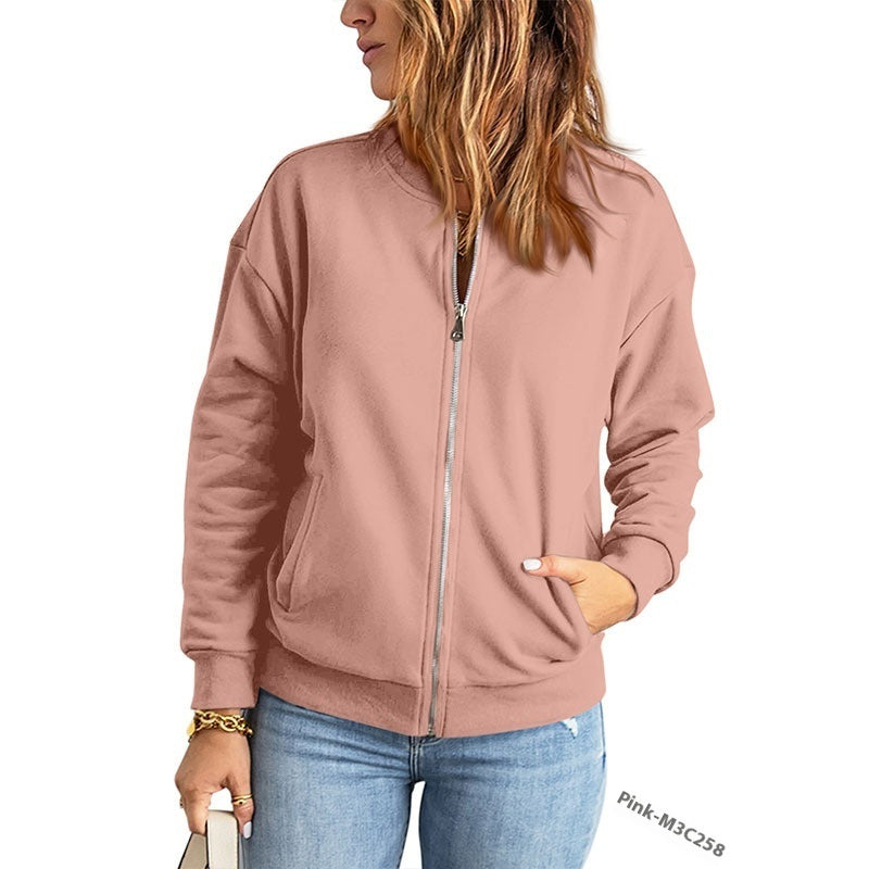 Women's Solid Color Zipper Jacket Coat Fashion Casual Cardigan Long Sleeve Stadiumjumper Pink