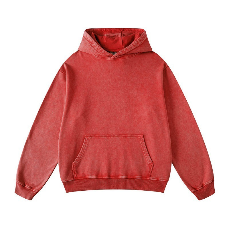 Thickened Washed Old Gradient Solid Color Batik Hooded Sweater For Men Red