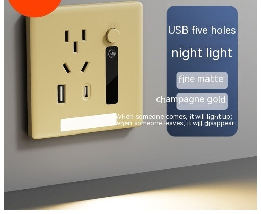 Newly Released at Buy Center: Human Body Induction Floor Five-hole Socket Type-c Embedded Small Night Lamp Bedside Panel Pure White Champagne Gold Three One