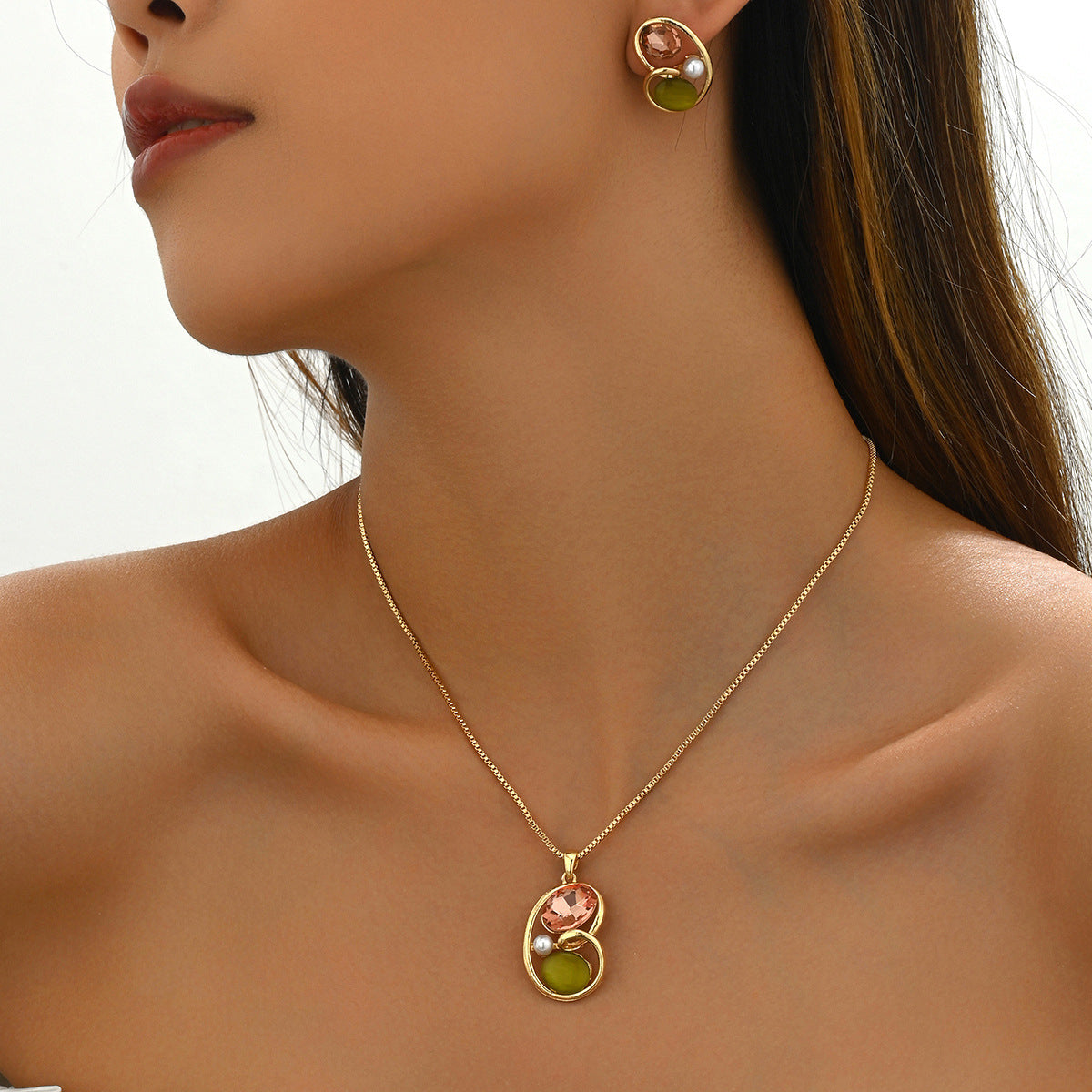 Buy Center Handpicked- Earrings And Necklace Set Inlaid Gem Long