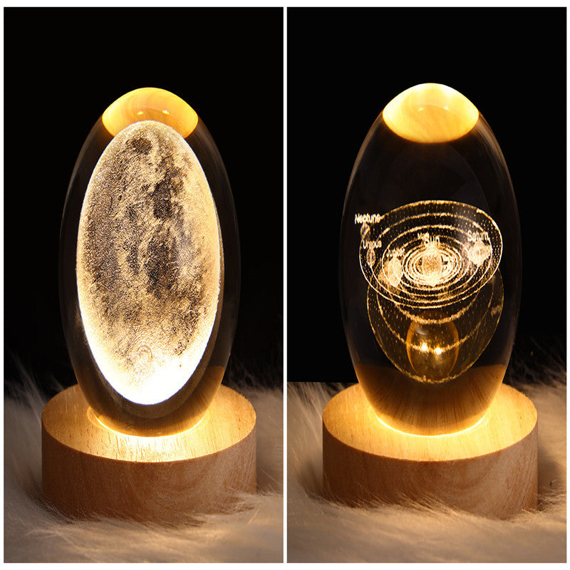 LED Night Light Galaxy Crystal Ball Table Lamp 3D Planet Moon Lamp Bedroom Home Decor For Kids Party Children Birthday Gifts Solid Wood Seat Set7 USB