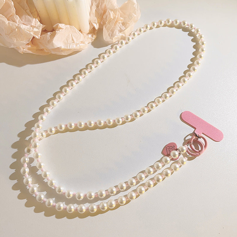 Newly Released at Buy Center: Love Hanging Pearl Crossbody Chain Wristband Wrist Strap Universal Mobile Phone Lanyard Long Shoelace Pink Small Clip