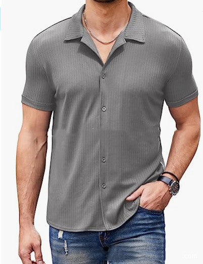 Just Arrived at Buy Center: Casual Collar Short Sleeve Polo Shirt With Button Men's Cotton Blend Shirt Gray