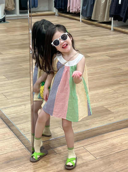 Fresh on the Scene at Buy Center: Girl's Fresh Color Printing Vertical Stripe Sling Dress