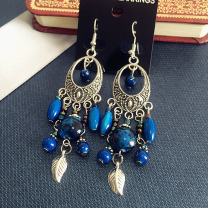 Buy Center Handpicked- Bohemian Retro Ethnic Style European And American Antique Silver Earrings Goddess Style Sapphire Blue