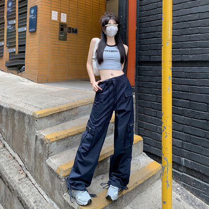 Hot New Items at Buy Center: American High Waist Straight Cargo Pants Loose Slimming Hot Girl Wide Leg Trousers Drawstring Lengthened