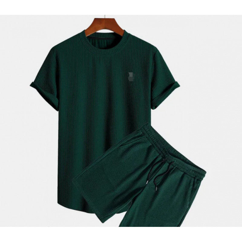 Round Neck Men's Short Sleeve Sports Fashion Loose Two-piece Suit Dark Green