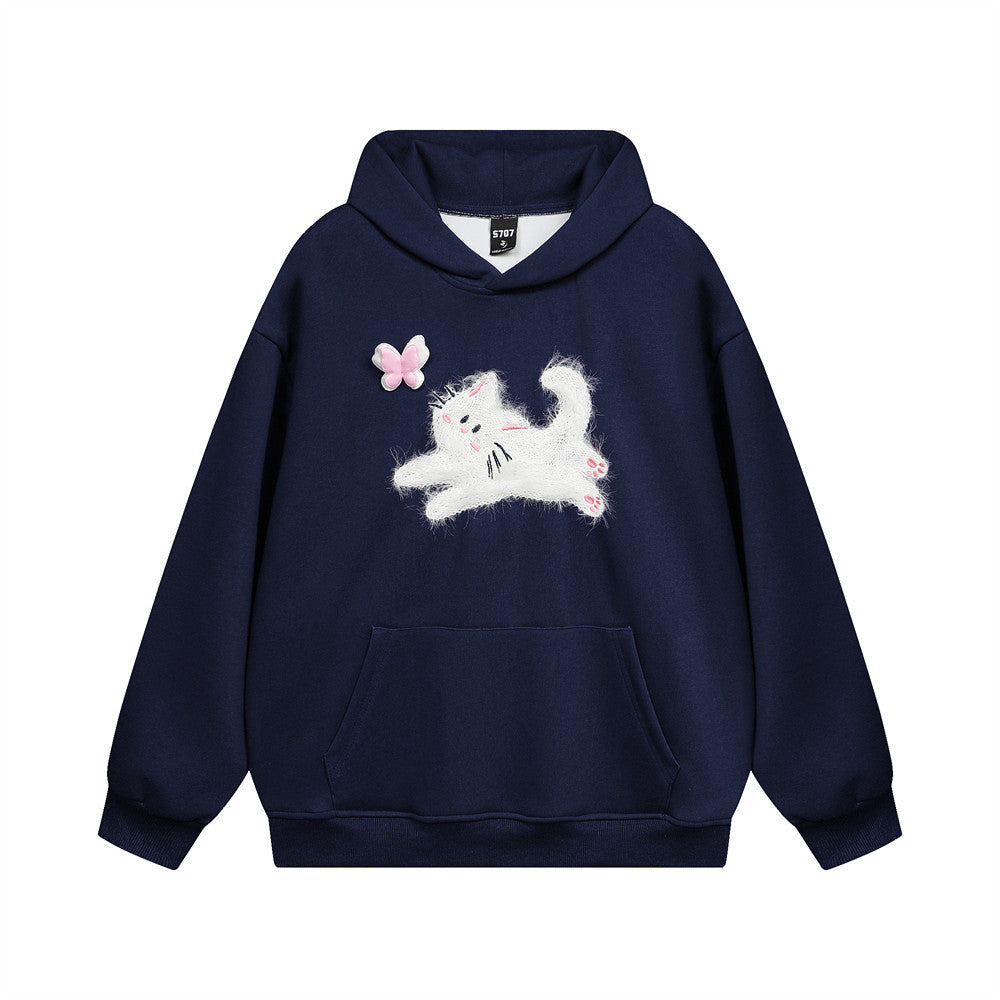 Buy Center Prestige-Butterfly Kitten Chain Embroidery Loose Hooded Sweater Dark Blue