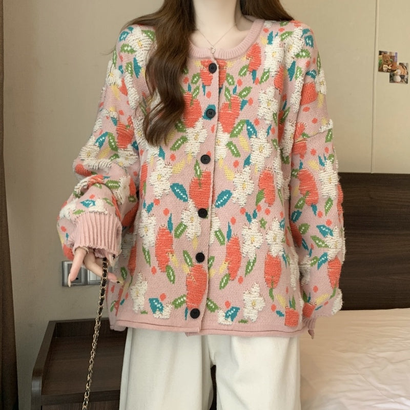 Hot New Items at Buy Center: Popular Beautiful Sweater Coat Early Fat Sister Slimming Retro Floral Knitted Cardigan Top