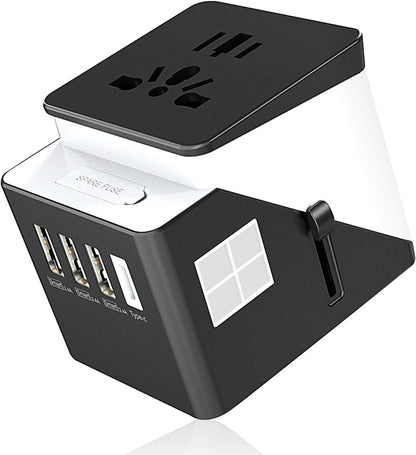 Now Available at Buy Center: 3 USB 1 Typc C International Power Adapter For Europe, UK, China, Australia, Japan And More 200 Countries Black and white