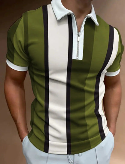 Fresh Arrivals at Buy Center: Men's Striped Short-sleeved Polo Shirt Slim Lapel Army Green