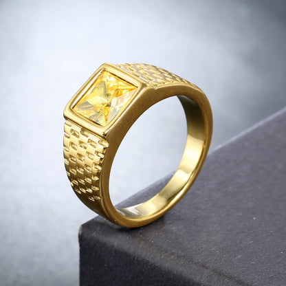 Newly Arrived at Buy Center: Ornament Titanium Steel Multi-color Stone Personality Square Ring Golden Yellow Stone Beauty