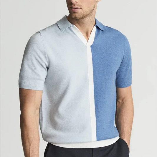 Men's Clothing Lapel Knitted Short Sleeve Blue