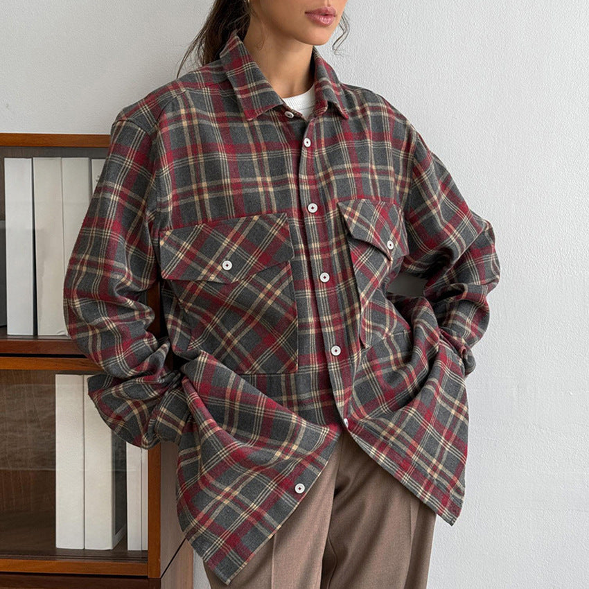 Buy Center Deal of the Day-Retro Plaid Women's Shirt Minimalist Long Sleeve