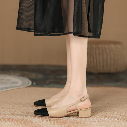 Trending Now at Buy Center: Leather Toe Cap French Style Chunky Heel Color Matching Women's Shoes