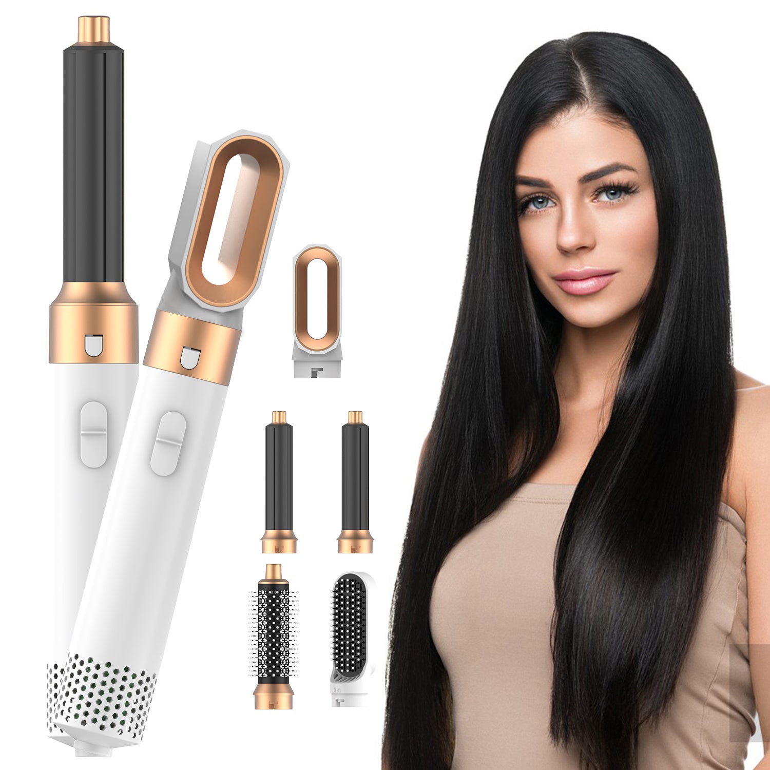 Fresh on the Scene at Buy Center: Hair Dryer Brush, Hot Air Brush, 5 In 1 Blow Dryer Brush For Drying Straightening Curling Volumizing Multi Hair Style, White Gold