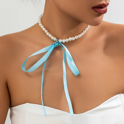 New Cross Border Retro French Velvet Pearl Bracelet Bow Collarbone Factory Wholesale Pearl Ribbon Necklace Blue