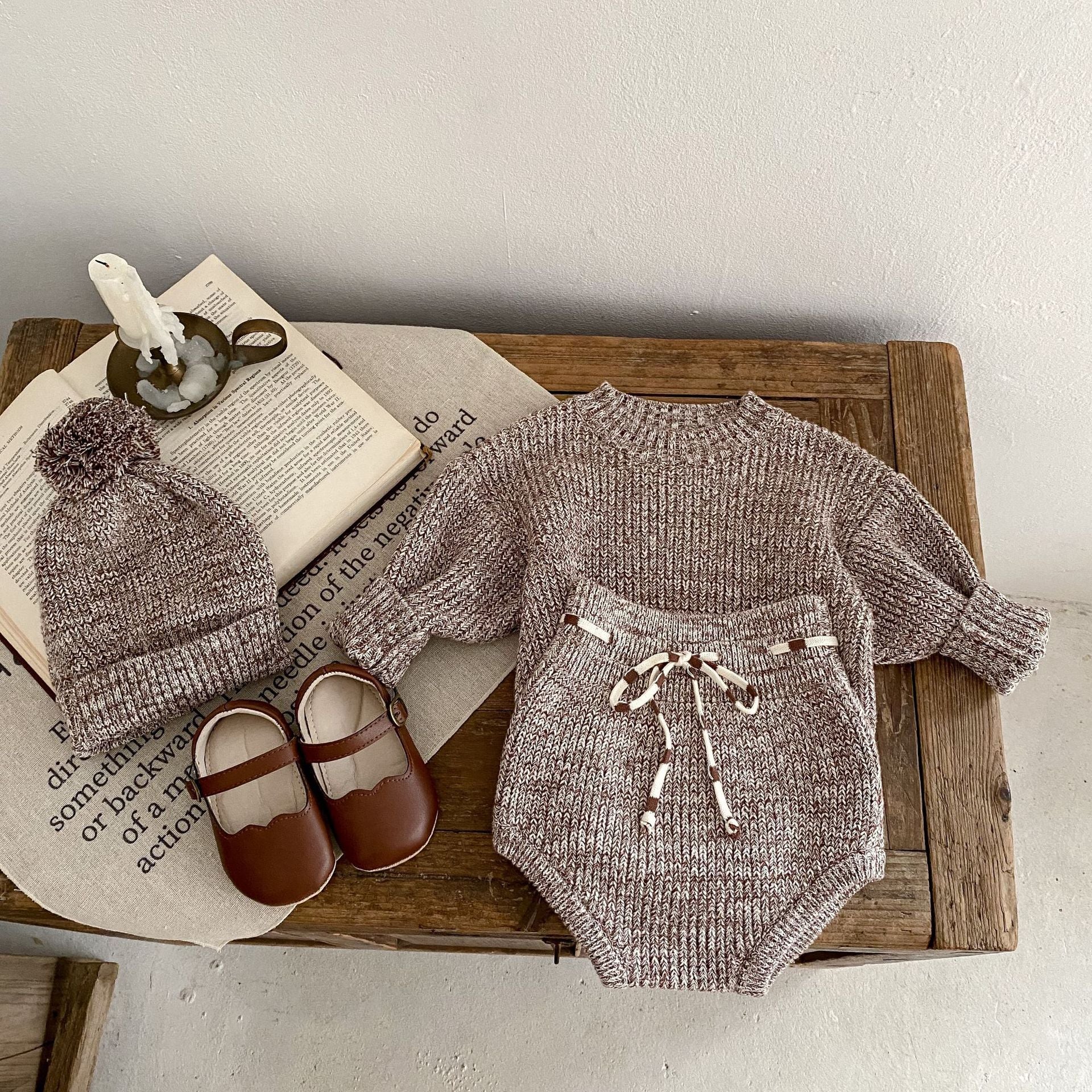 Newly Released at Buy Center: Infant Baby Girl Mixed Color Thick Needle Pullover Pants Pullover Fur Ball Knitted Hat 3-piece Set