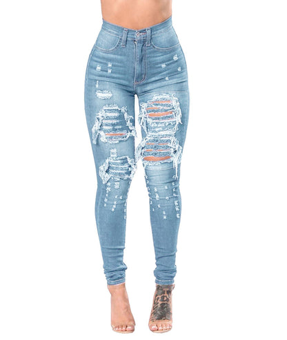 Buy Center Handpicked- Women's Ripped Denim Washed Denim Pants Light Blue