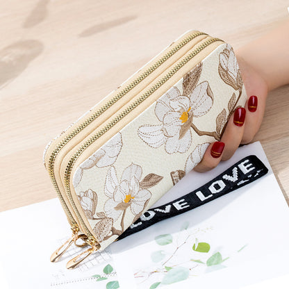 Cartera larga de gran capacidad con doble cremallera y diseño de flores