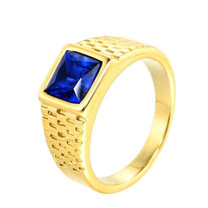 Newly Arrived at Buy Center: Ornament Titanium Steel Multi-color Stone Personality Square Ring Golden Blue Stone Beauty